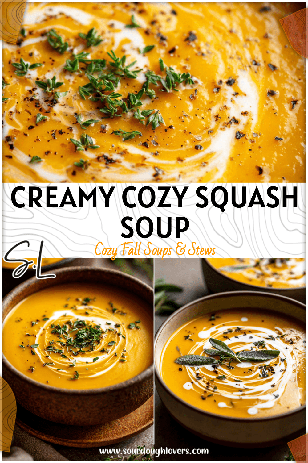 A bowl of creamy golden recipe butternut squash soup garnished with herbs and served as one of the best fall soups. 2